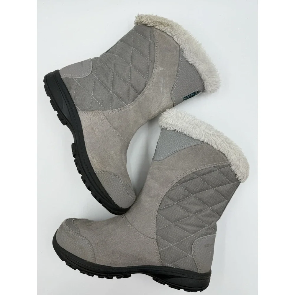 Columbia Ice Maiden II Gray Suede/Fabric Faux Fur Trim‎ Slip-On Snow Boots 5.5